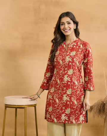 Orange Cotton Bagru Printed Slim Fit Short Kurta