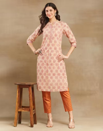 Pink Cotton Hand Block Printed Long Kurta