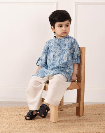 Blue Cotton Printed Long Kurta