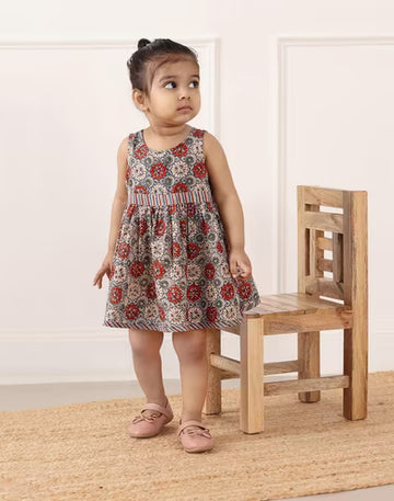 Beige Cotton Bagru Printed Dress