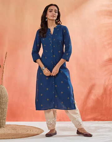 Teal Cotton Slim Fit Long Kurta